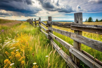 Fototapeta premium Rustic Countryside Cattle Fence, Old Wooden Farm Fence, Dilapidated Ranch Fence, Weathered Wood Fence Photography