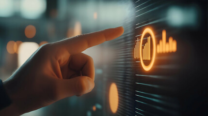 A hand interacts with a digital display, highlighting a bar graph and sound waves, symbolizing data analysis and technology.