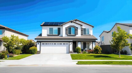 Modern Two-Story House with Solar Panels in a Sunny Suburb