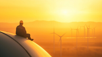 A worker sits atop a wind turbine at sunset, overlooking a landscape dotted with additional turbines, symbolizing renewable energy and sustainability.