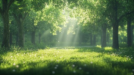 Fototapeta premium Sunny forest path with green grass and trees.