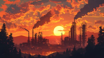 Industrial Sunset Landscape with Pollution and Trees