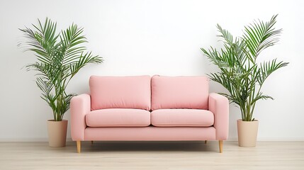 Fototapeta premium Cozy living room setup with pink sofa and green plants in modern home minimalist style
