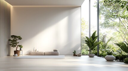 Stylish minimalist living room with natural light indoor greenery and a calm atmosphere