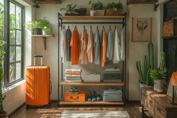 Black metal rack with wooden boards, two hanging shelves, three storage boxes, orange suitcase, women’s casual wear including T-shirts, blouses, jeans, furniture, cacti in living room.