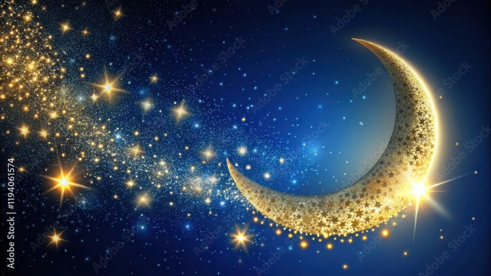 Wall mural a shimmering crescent moon adorned with celestial patterns, illuminated by a cascade of twinkling st