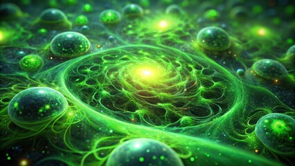 A swirling luminescent green nebula, with glowing orbs scattered across its surface, resembles a cosmic dance of energy and creation.