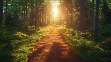 Obraz premium Sunlit Forest Pathway at Dawn - A Serene Journey Through Nature's Beauty