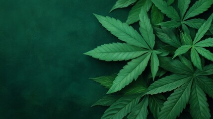 Close-Up View of Fresh Green Cannabis Leaves on Dark Green Background