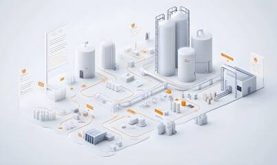 Isometric illustration of a food processing plant with flow chart.