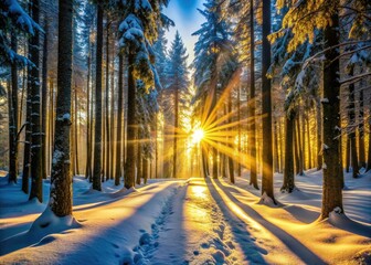 Silhouette Photography: Sunbeams, Snowy Trees, Winter Forest Path - Majestic Winter Landscape