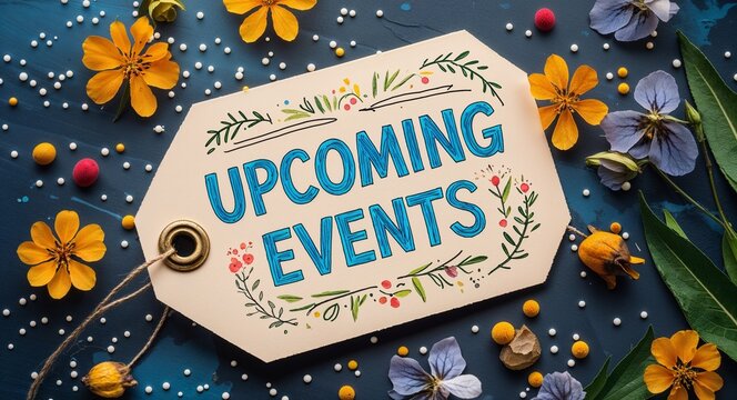 upcoming events handwritten on paper tag at table background