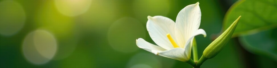 Delicate white petals of a vanilla flower unfolding on a stem, tree, blossom, vanilla
