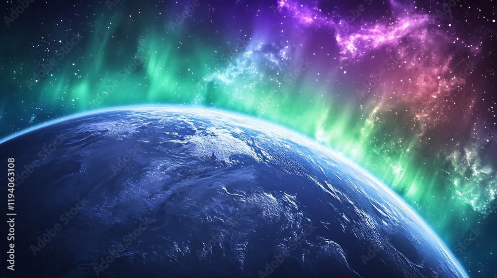 Wall mural earth from space with aurora borealis and colorful galaxy background view for desktop