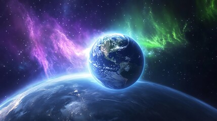 View of Earth in space with purple and green nebulae and starry background
