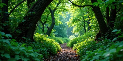 Obraz premium Dense thicket of vines and branches blocking the path, thick foliage, obstructed