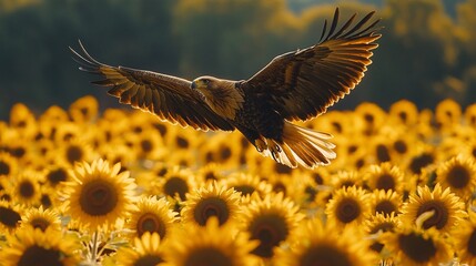 Obraz premium Majestic eagle in flight over a vibrant sunflower field at sunset.