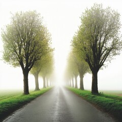 Obraz premium Misty Road Through a Tree-Lined Avenue