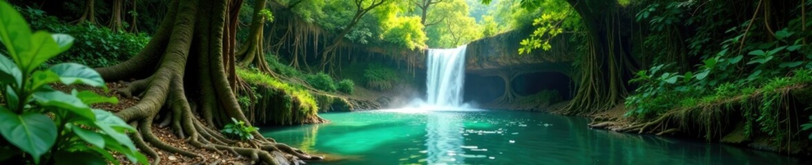 Fototapeta premium Emerald waterfalls amidst giant tree roots and vines, landscape, environment, green
