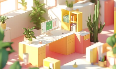 Modern minimalist office workspace with plants and sunlight.