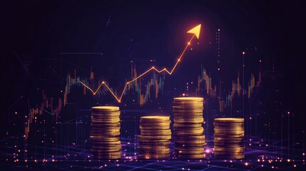 A dynamic investment scene with gold coin stacks, a glowing stock chart, and a prominent upward arrow representing profit growth