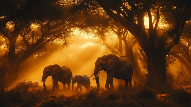 Majestic elephant family silhouetted in golden sunset light, walking through African savanna woodland.