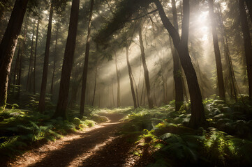 Naklejka premium 冬の森の朝日