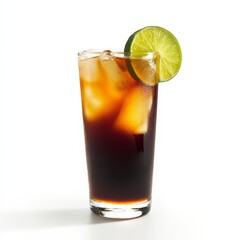 Fototapeta premium A bold and spicy Dark 'n Stormy cocktail with dark rum and ginger beer, garnished with a lime wedge, against an isolated white background