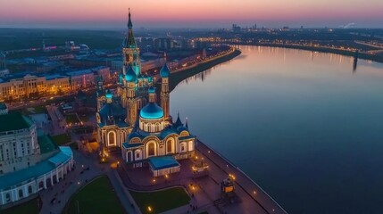 Obraz premium A stunning aerial view of Kazan city center. The Kazanka River divides old-world charm and modern elegance, glowing in the soft tones of twilight
