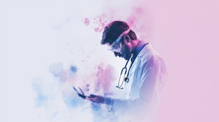 Obraz premium Doctor in Protective Gear Holding Medical Instruments with Colorful Background, Symbolizing Innovation and Care in Healthcare and Medicine