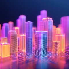 A vibrant, futuristic cityscape featuring illuminated skyscrapers in neon colors, showcasing a blend of technology and urban design.