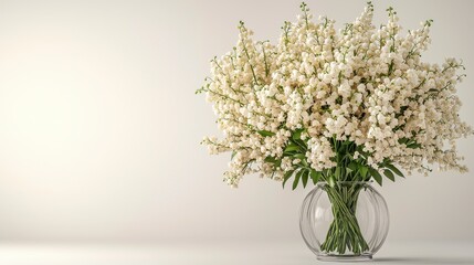 Fototapeta premium Large bouquet of white flowers in a clear glass vase against a white background.