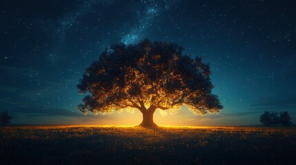 Trees shine in the sky on a starry night