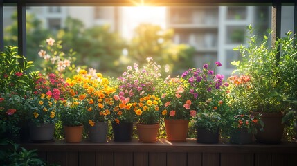 A natural wildflower balcony garden with vibrant blossoms in varied containers, accented by wooden and metal decor, sunlight playing through the flowers, creating a tranquil and enchanting vibe,