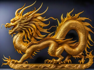 Fototapeta premium Golden dragon dynamically positioned on a black background. Emphasize powerful and elegant style. And its ferocious expression conveys the essence of a dragon.