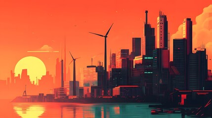 Obraz premium Futuristic Cityscape at Sunset with Wind Turbines