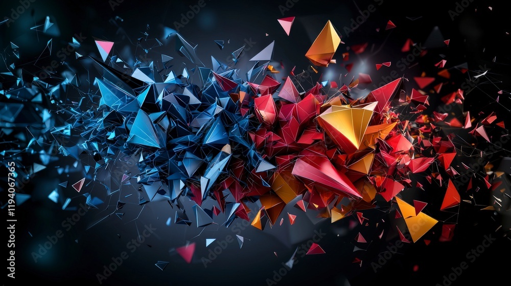 Poster Futuristic geometric graphic design explosion digital art abstract space dynamic composition vivid colors