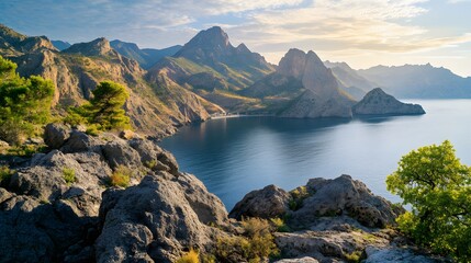 Immersive mountain sea view panorama