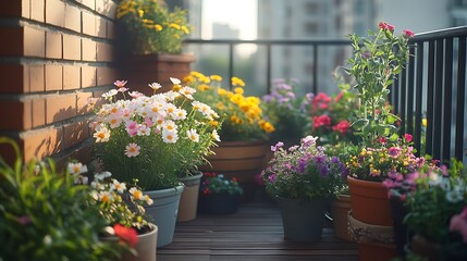 Fototapeta premium A natural wildflower balcony garden with vibrant blossoms in varied containers, accented by wooden and metal decor, sunlight playing through the flowers, creating a tranquil and enchanting vibe,