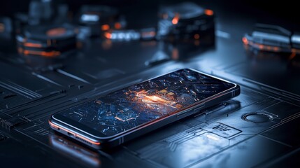High-tech gaming phone showcase modern tech hub product photography futuristic setting close-up innovation highlight