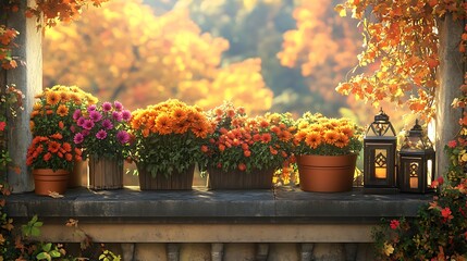 A picturesque autumn balcony garden with chrysanthemums in bright seasonal hues, small decorative lanterns, and rustic planters, soft light enhancing the cozy and inviting ambiance,