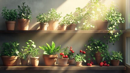 A picturesque balcony garden featuring edible plants like basil, mint, cherry tomatoes, and strawberries, wooden shelves neatly arranged with pots, soft sunlight creating dynamic shadows, hd quality,