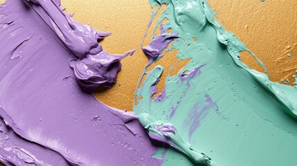 A close-up of vibrant paint strokes in purple and green on a golden background.