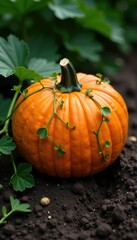 Orange pumpkin with vines trailing down its sides, earthy, ground