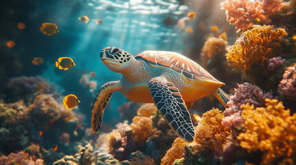 Obraz premium a view of a coral reef with vibrant branching corals, a sea turtle gliding through the water, and colorful tropical fish darting in and out of crevices