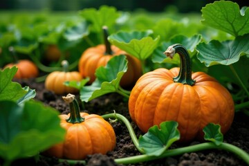 Overgrown pumpkin vines spreading in the garden, growth, seasons, pumpkins