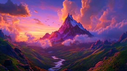 Majestic sunset peak, valley river, birds, cloudscape, fantasy landscape, poster art