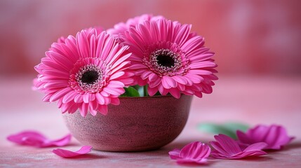 Vibrant Pink Gerbera Daisies in a Rustic Bowl on a Soft Pink Background