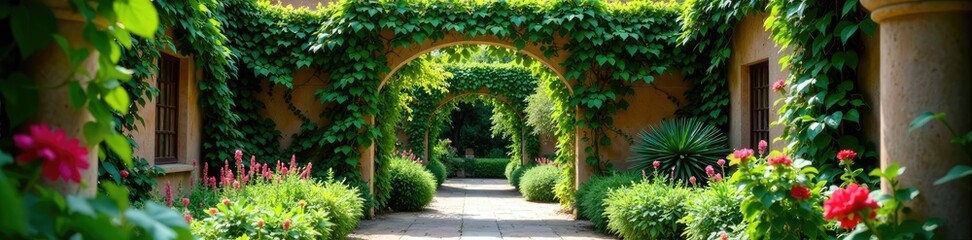 Fototapeta premium Overgrown trellis with vines and flowers in a courtyard, trellis, garden