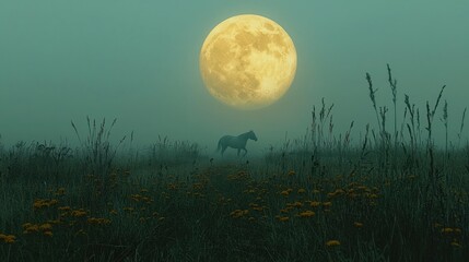 Fototapeta premium A horse in a misty field under a full moon.
